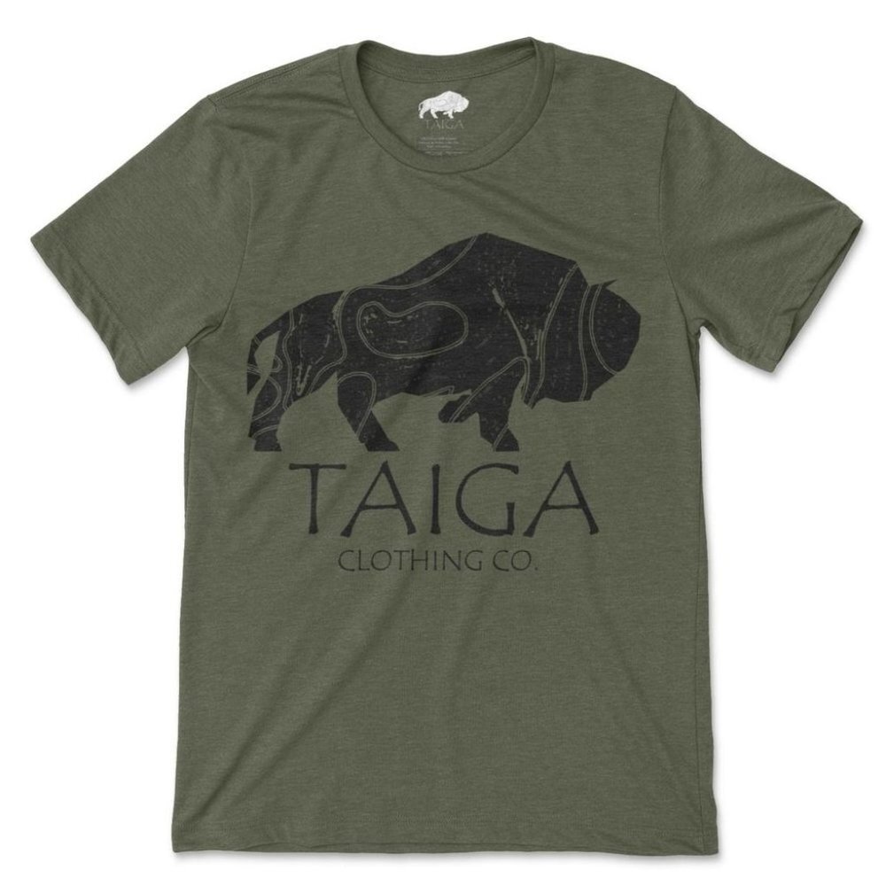 Army Green Graphic Tee T-Shirt Topographic Bison Buffalo Print